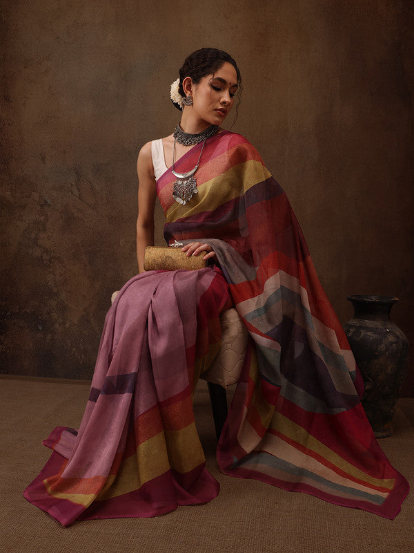 Multicolor silk blend saree featuring digital striped print with attached unstitched blouse piece