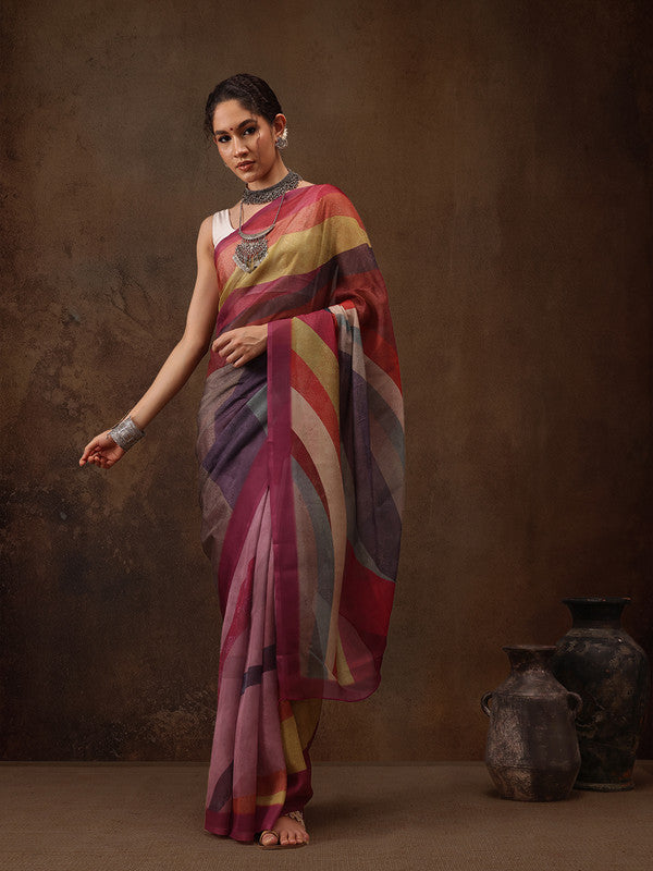 Multicolor Silk Blend Digital Print Striped Saree with Blouse Piece