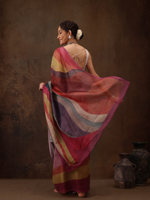 Multicolor Silk Blend Digital Print Striped Saree with Blouse Piece