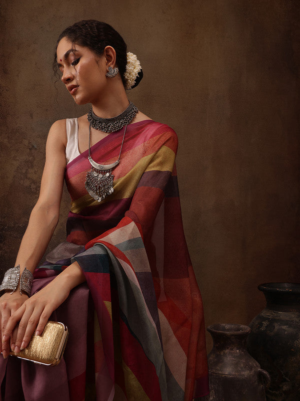 Multicolor Silk Blend Digital Print Striped Saree with Blouse Piece