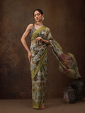Multicolor floral silk blend digital print saree with matching unstitched blouse piece