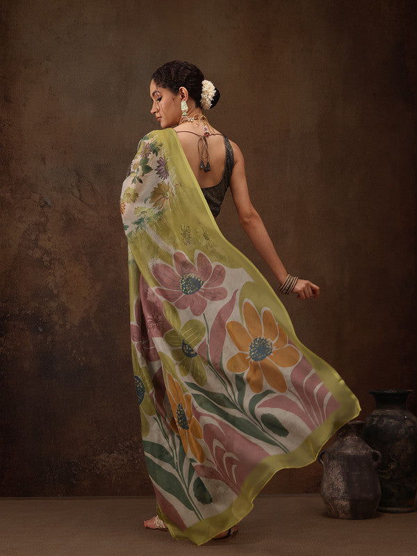 Multicolor Floral Silk Blend Digital Print Saree with Blouse Piece