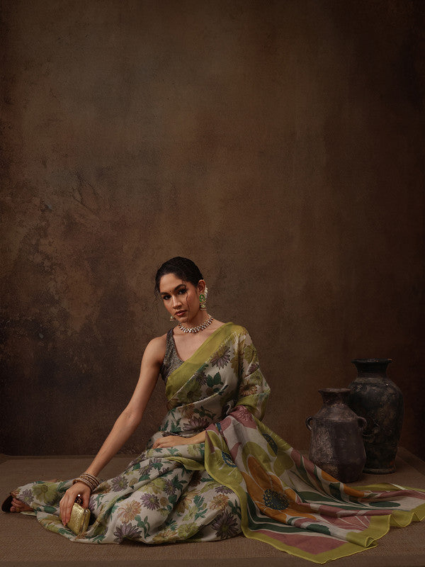 Multicolor Floral Silk Blend Digital Print Saree with Blouse Piece