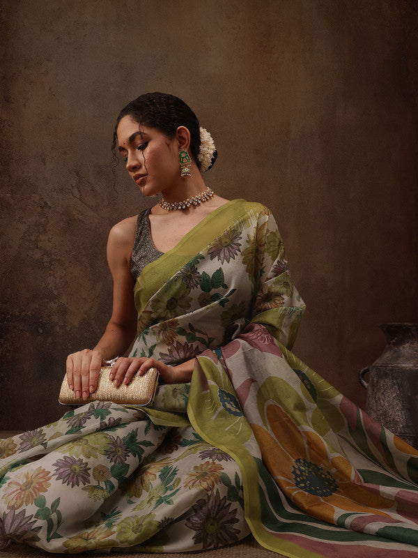 Multicolor Floral Silk Blend Digital Print Saree with Blouse Piece