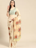 Beige silk blend saree with geometric digital print and unstitched blouse
