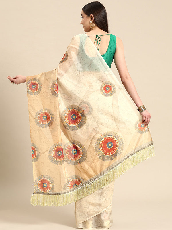 Beige Silk Blend Geometric Digital Print Saree with Blouse Piece