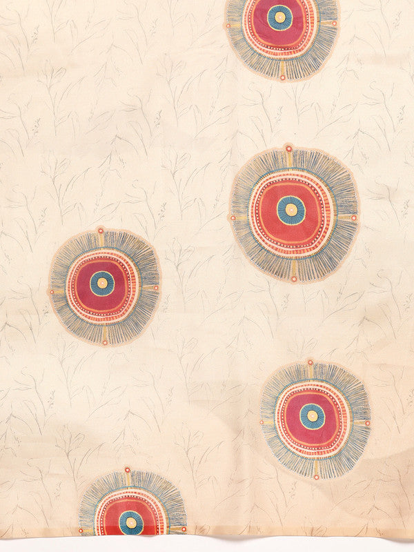 Beige Silk Blend Geometric Digital Print Saree with Blouse Piece