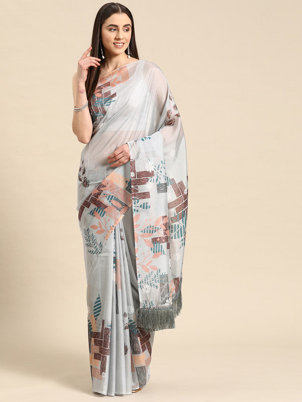 Gray silk blend saree with digital floral print and matching unstitched blouse piece
