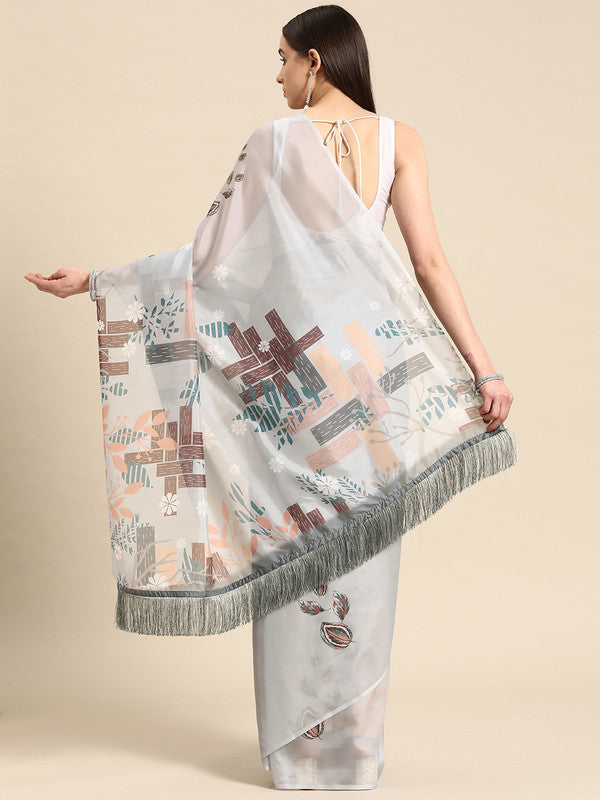 Gray Silk Blend Digital Print Floral Saree with Unstitched Blouse