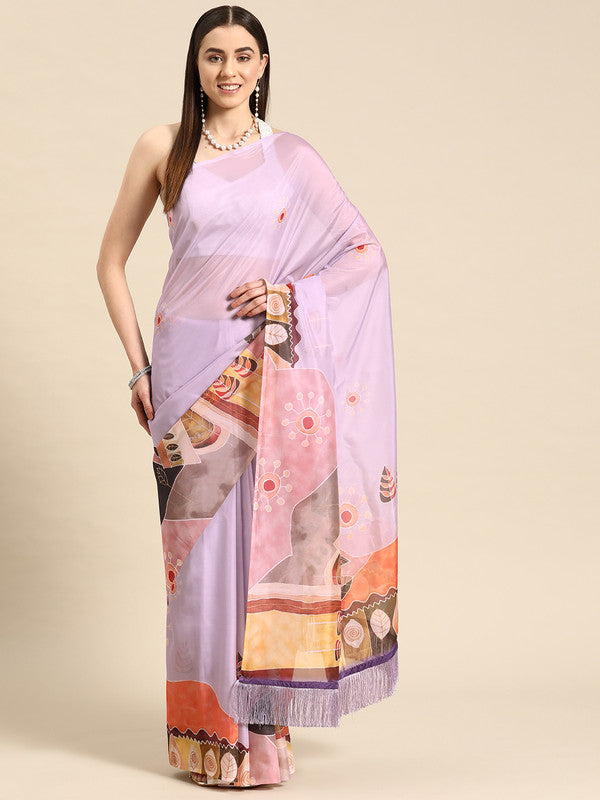 Lavender silk blend saree with floral digital print and matching unstitched blouse piece