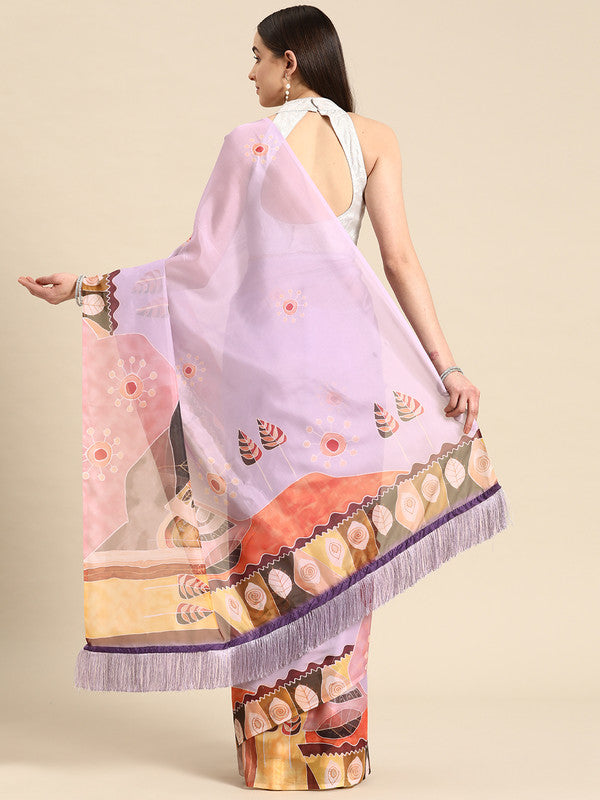 Lavender Silk Blend Floral Digital Print Saree with Blouse Piece