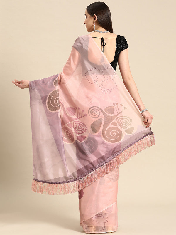 Peach Silk Blend Abstract Digital Print Saree with Blouse Piece