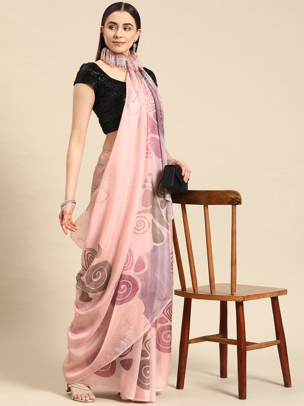 Peach silk blend saree with abstract digital print and unstitched blouse