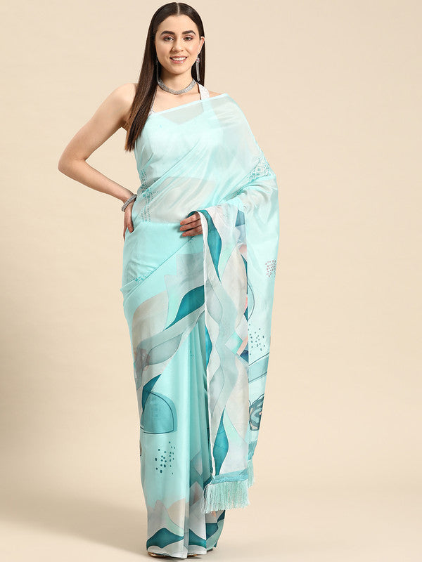 Turquoise silk blend saree with a modern abstract print and included blouse piece