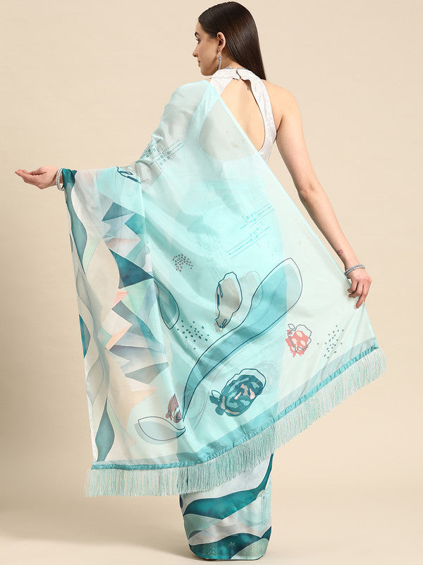 Turquoise Silk Blend Abstract Print Saree with Blouse