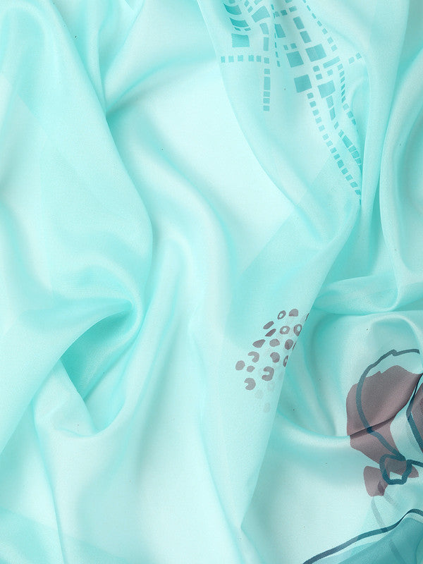Turquoise Silk Blend Abstract Print Saree with Blouse