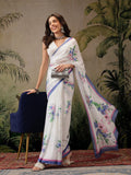White Bollywood Satin Saree with floral digital print