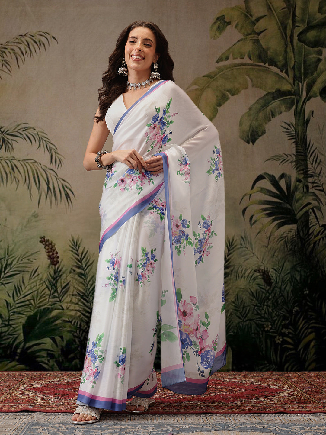 White Bollywood Satin Floral Digital Printed Saree