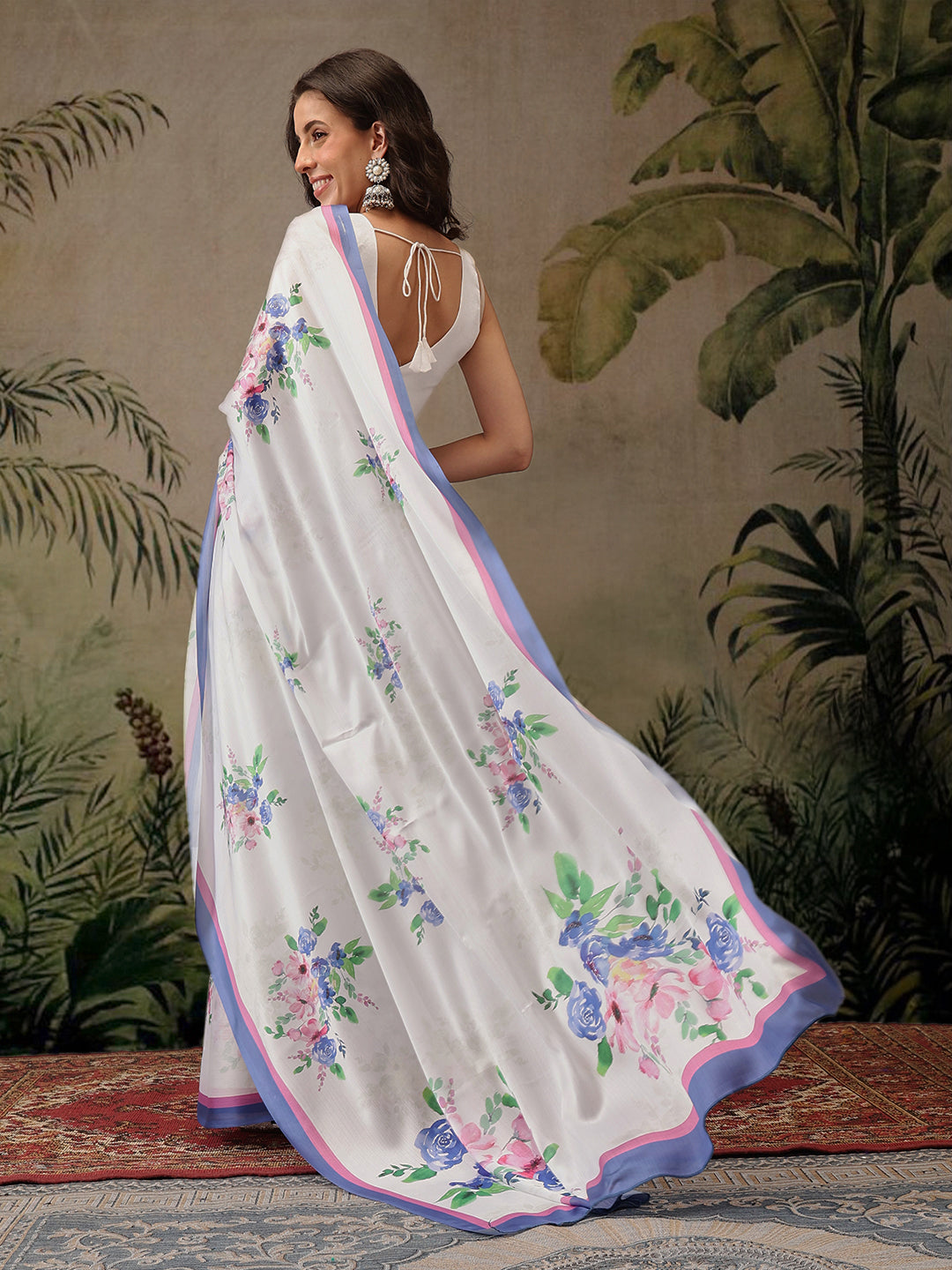White Bollywood Satin Floral Digital Printed Saree