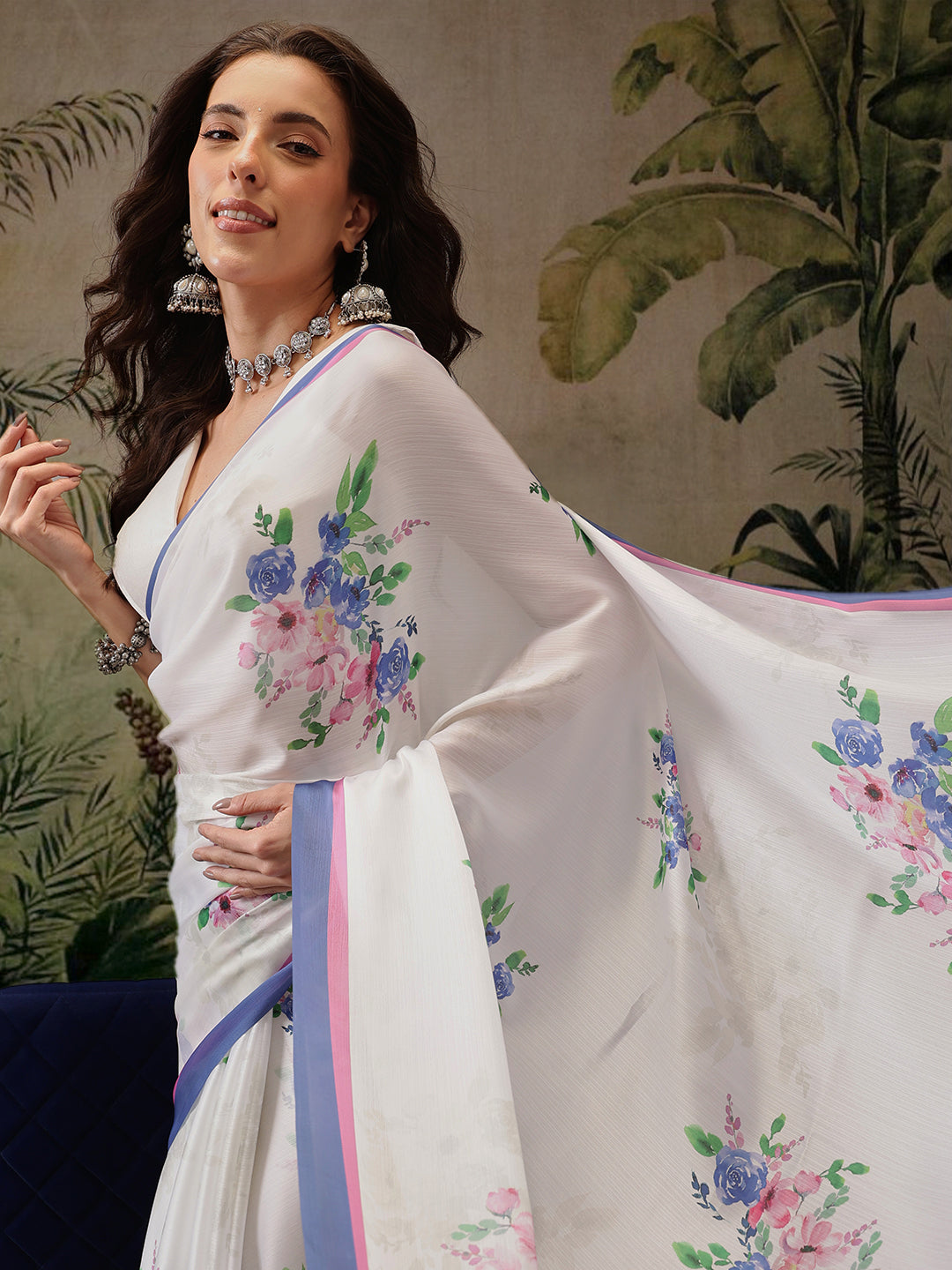 White Bollywood Satin Floral Digital Printed Saree