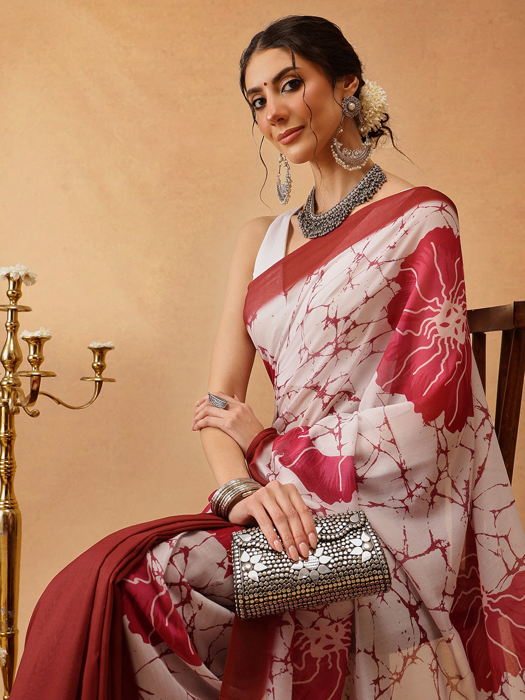 Brown Mul Cotton Saree with Floral Digital Print