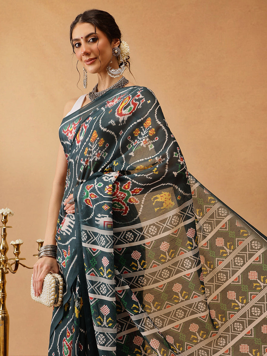 Green Mul Cotton Saree with Digital Ikkat Print