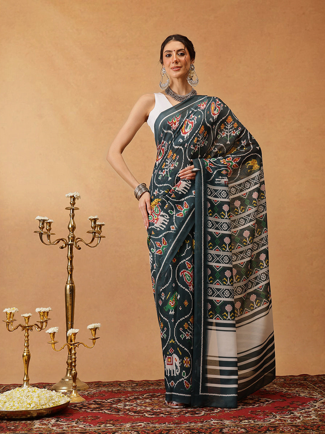 Green Mul Cotton saree with digital Ikkat print pattern
