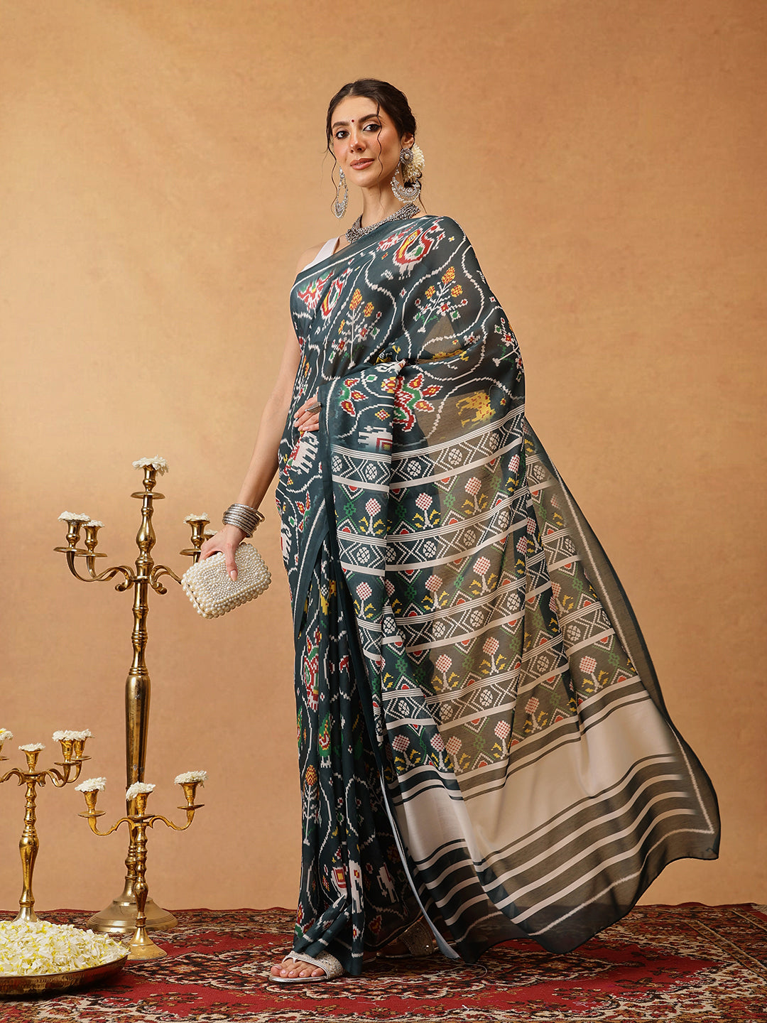 Green Mul Cotton Saree with Digital Ikkat Print