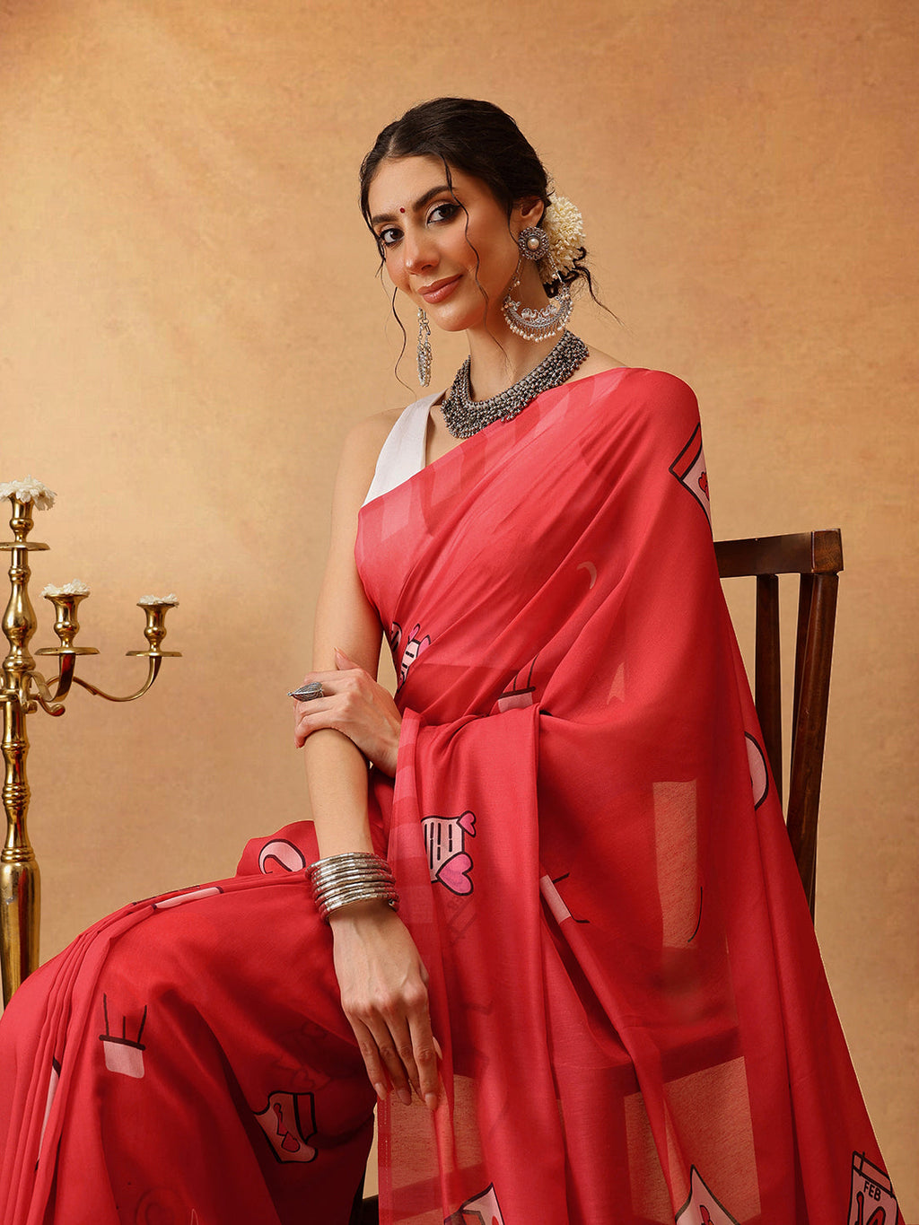 Red Bollywood Mul Cotton Abstract Digital Printed Saree