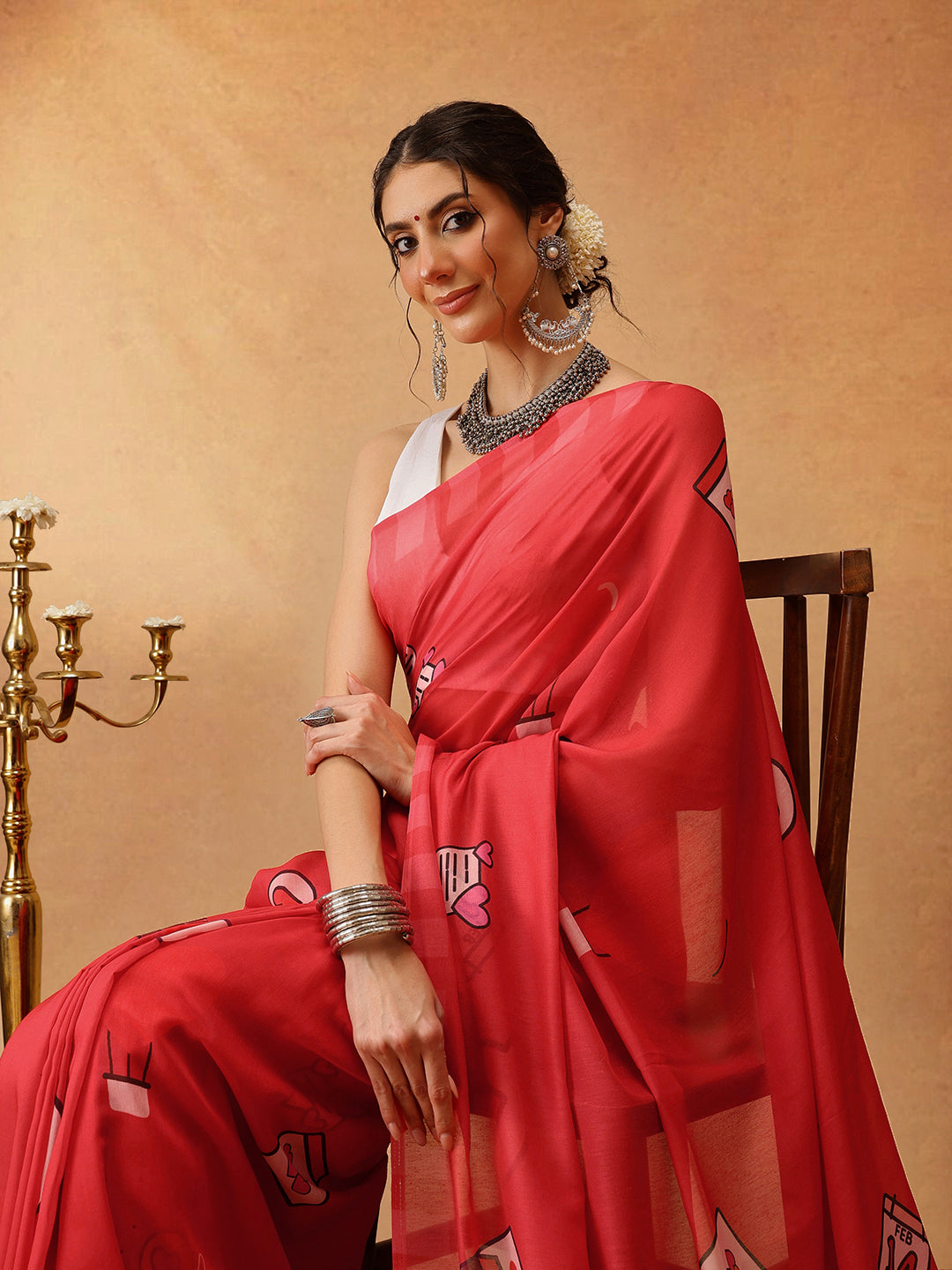 Red Bollywood Mul Cotton Abstract Digital Printed Saree