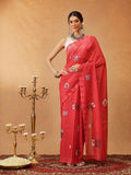 Red Mul Cotton saree with artistic abstract digital prints