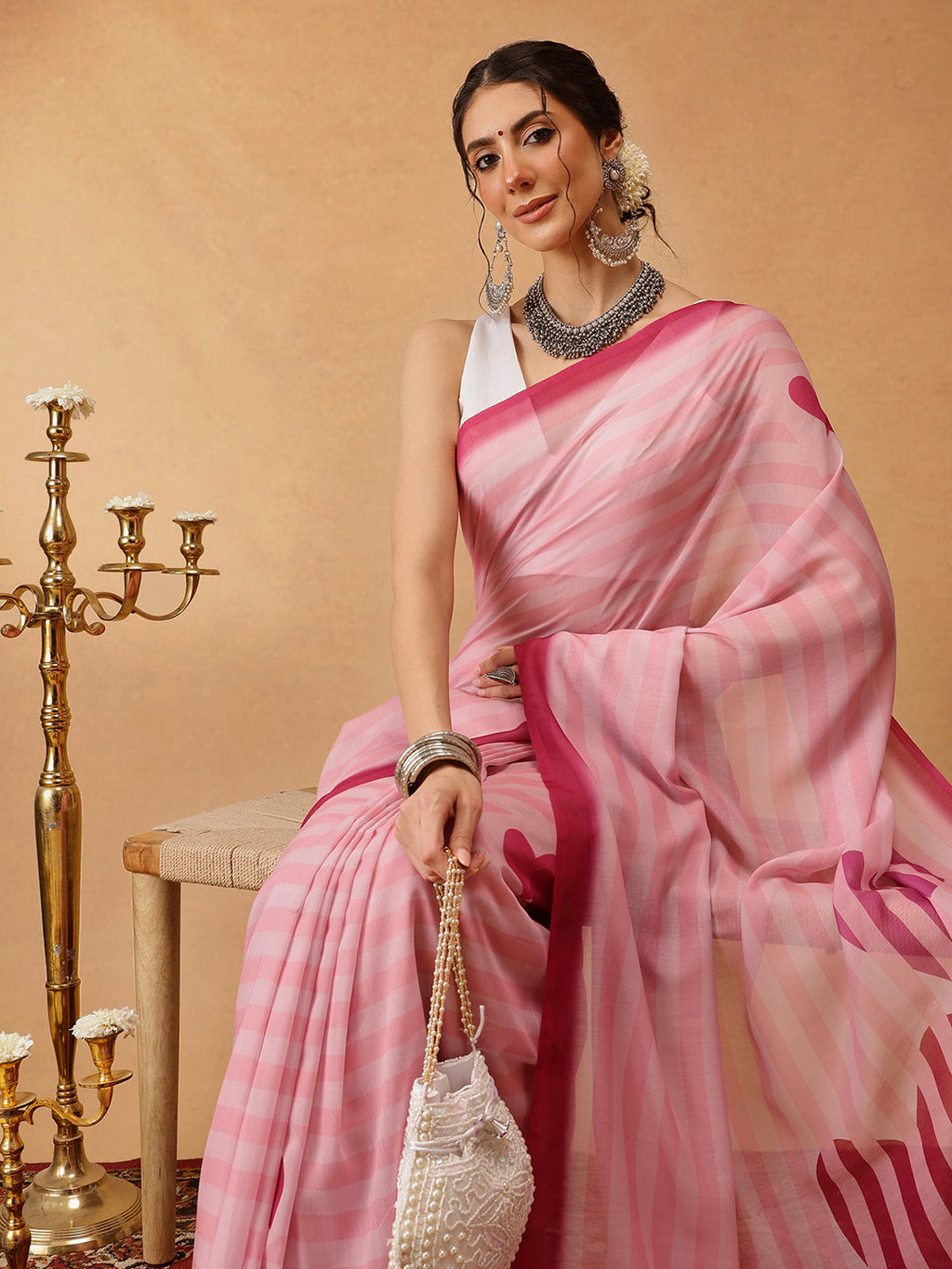 Pink Mul Cotton Lahariya Saree with Digital Prints