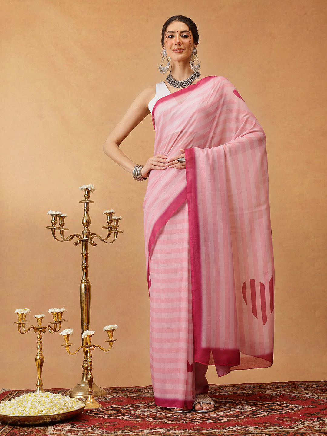 Pink Mul Cotton Lahariya printed saree for women