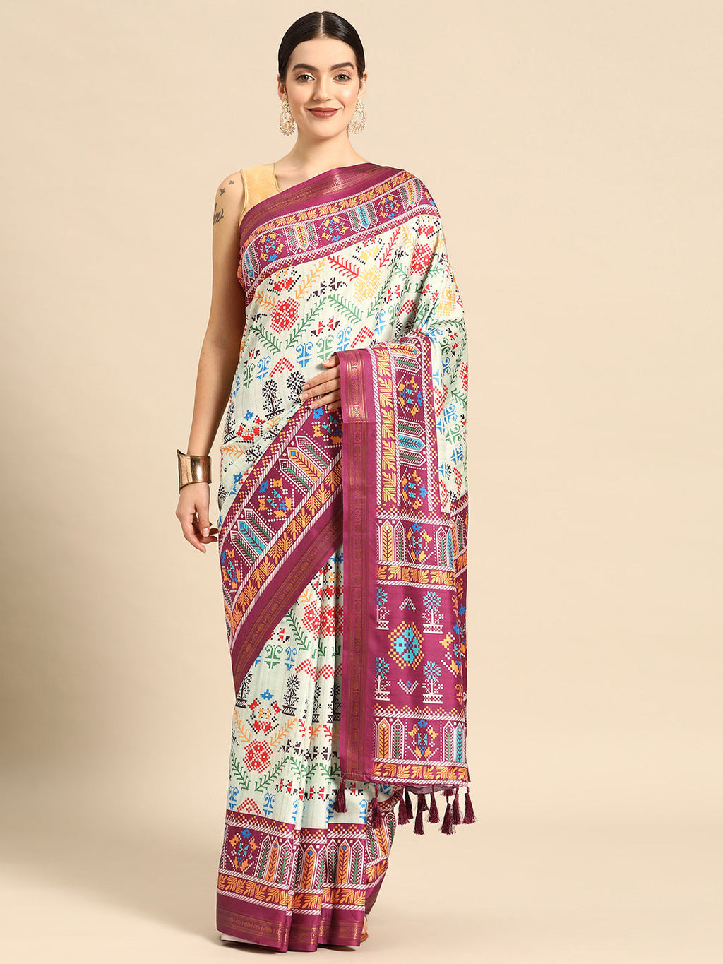 Green silk blend saree with digital Patola inspired print and unstitched blouse