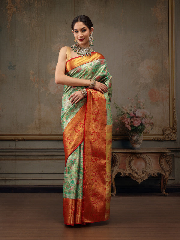 Green Pure Silk Floral Woven Zari Design Saree with Blouse