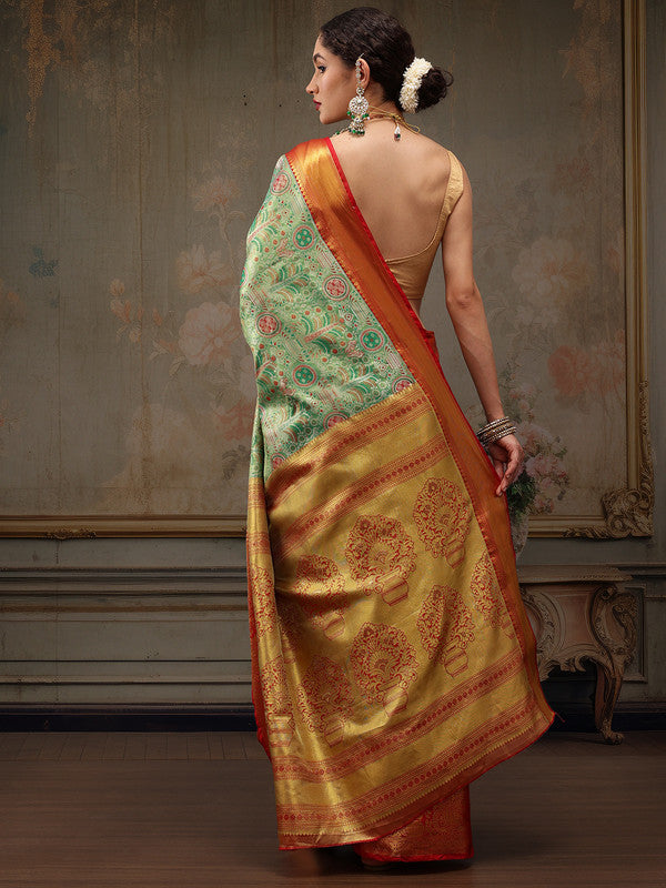 Green Pure Silk Floral Woven Zari Design Saree with Blouse