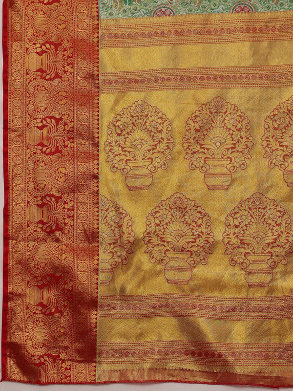 Green Pure Silk Floral Woven Zari Design Saree with Blouse