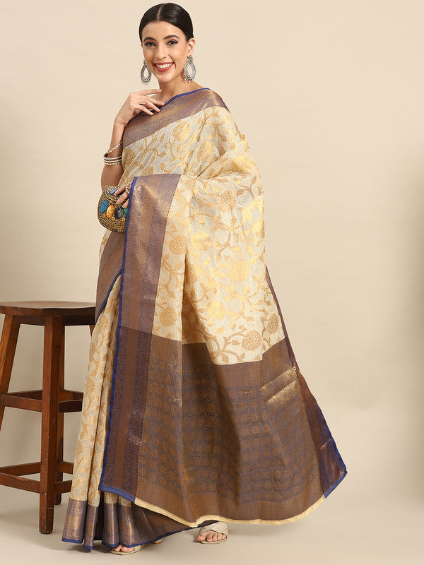 Navy Blue Tissue Silk Saree with floral woven Zari design and unstitched blouse
