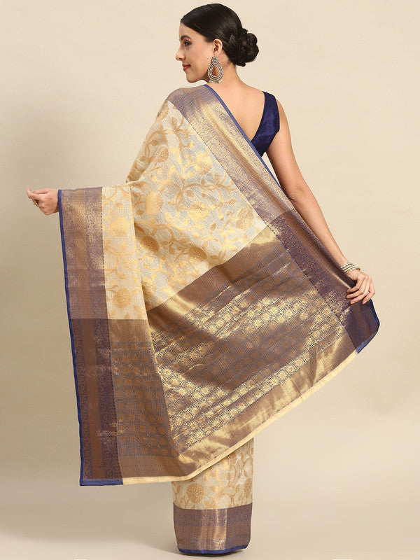 Navy Blue Tissue Silk Floral Saree with Woven Zari and Blouse