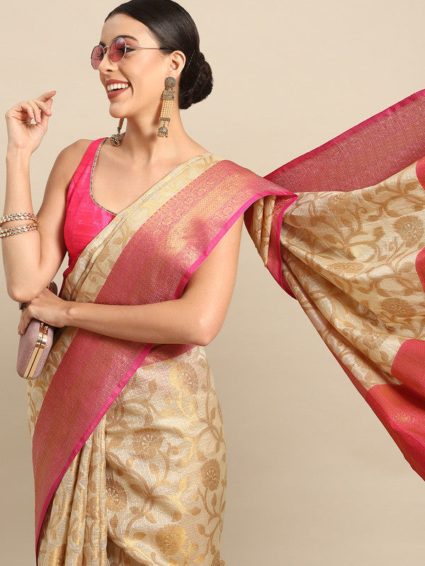 Elegant Pink tissue silk saree with intricate zari floral patterns and unstitched blouse