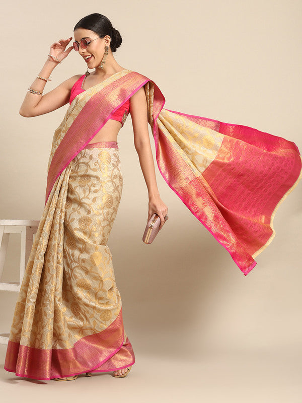 Pink Tissue Silk Saree with Woven Zari Floral Design & Blouse