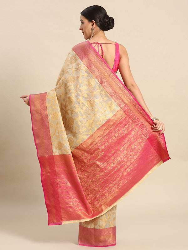 Pink Tissue Silk Saree with Woven Zari Floral Design & Blouse