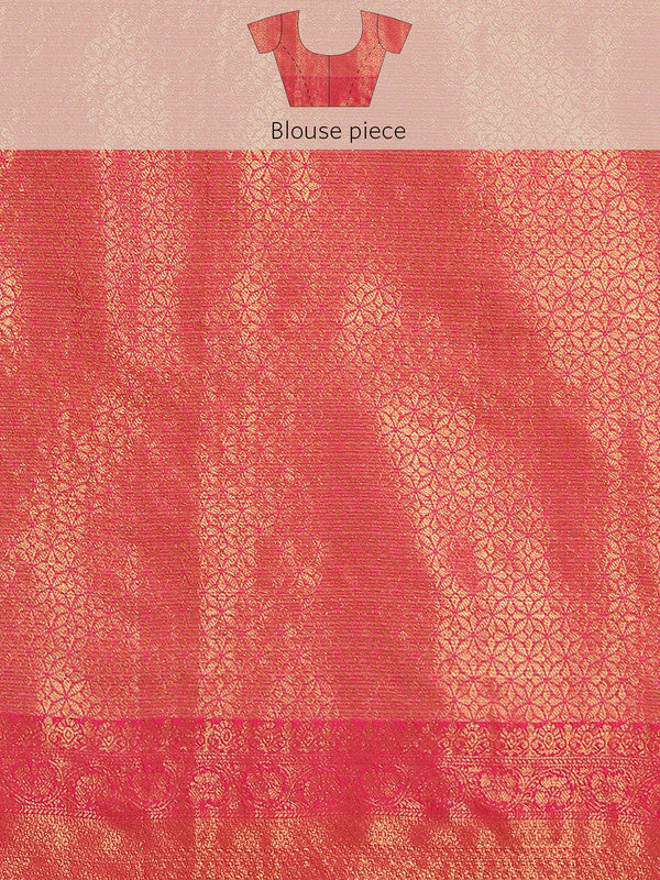 Pink Tissue Silk Saree with Woven Zari Floral Design & Blouse