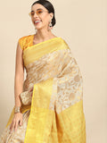 Yellow tissue silk saree with golden woven Zari work and floral motifs