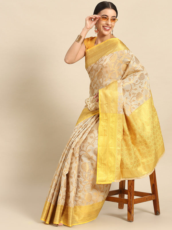 Yellow Tissue Silk Woven Zari Design Floral Saree with Blouse