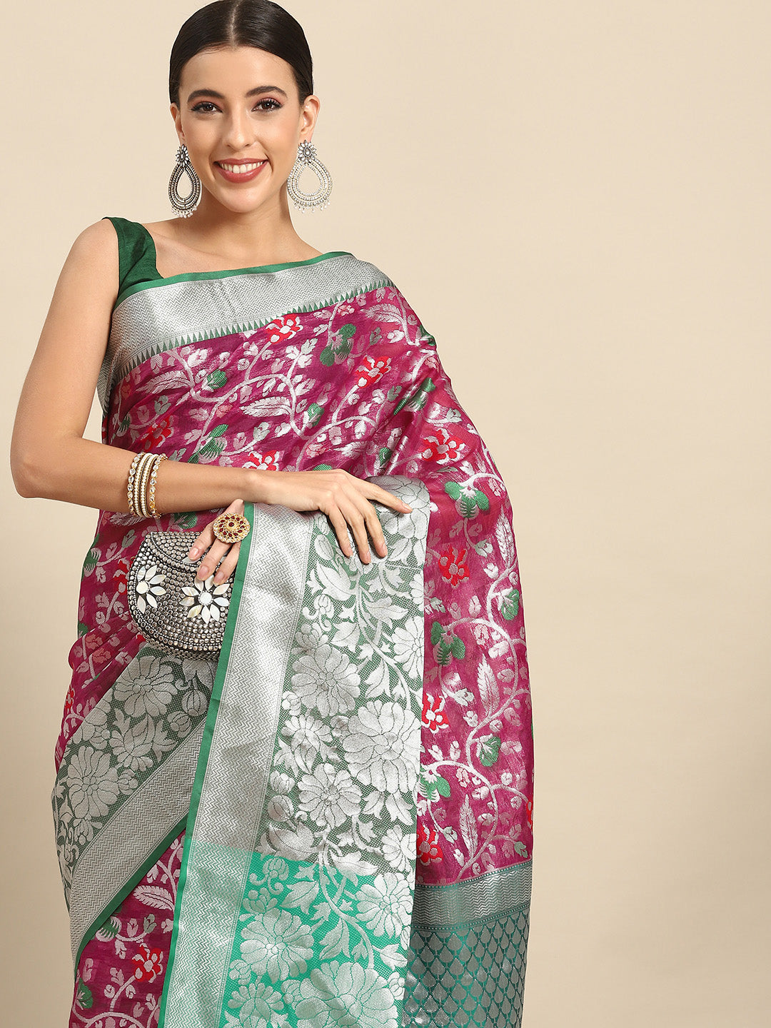 Magenta brocade saree with woven zari floral design