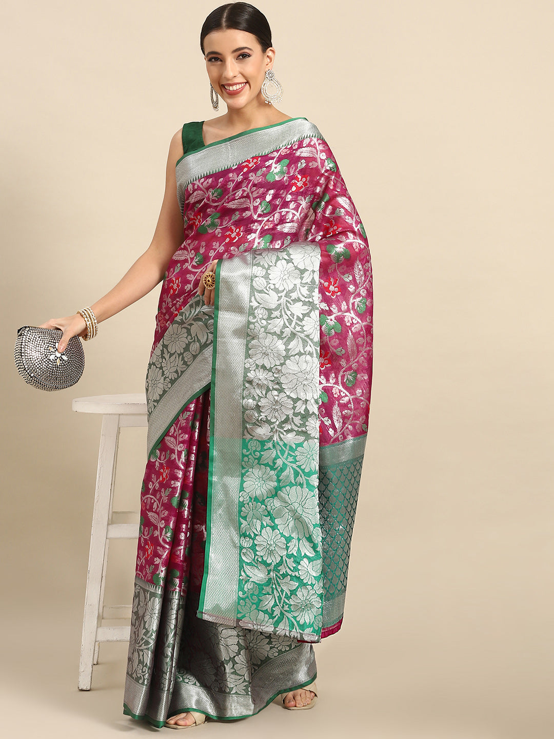 Magenta Brocade Woven Zari Floral Saree with Blouse Piece