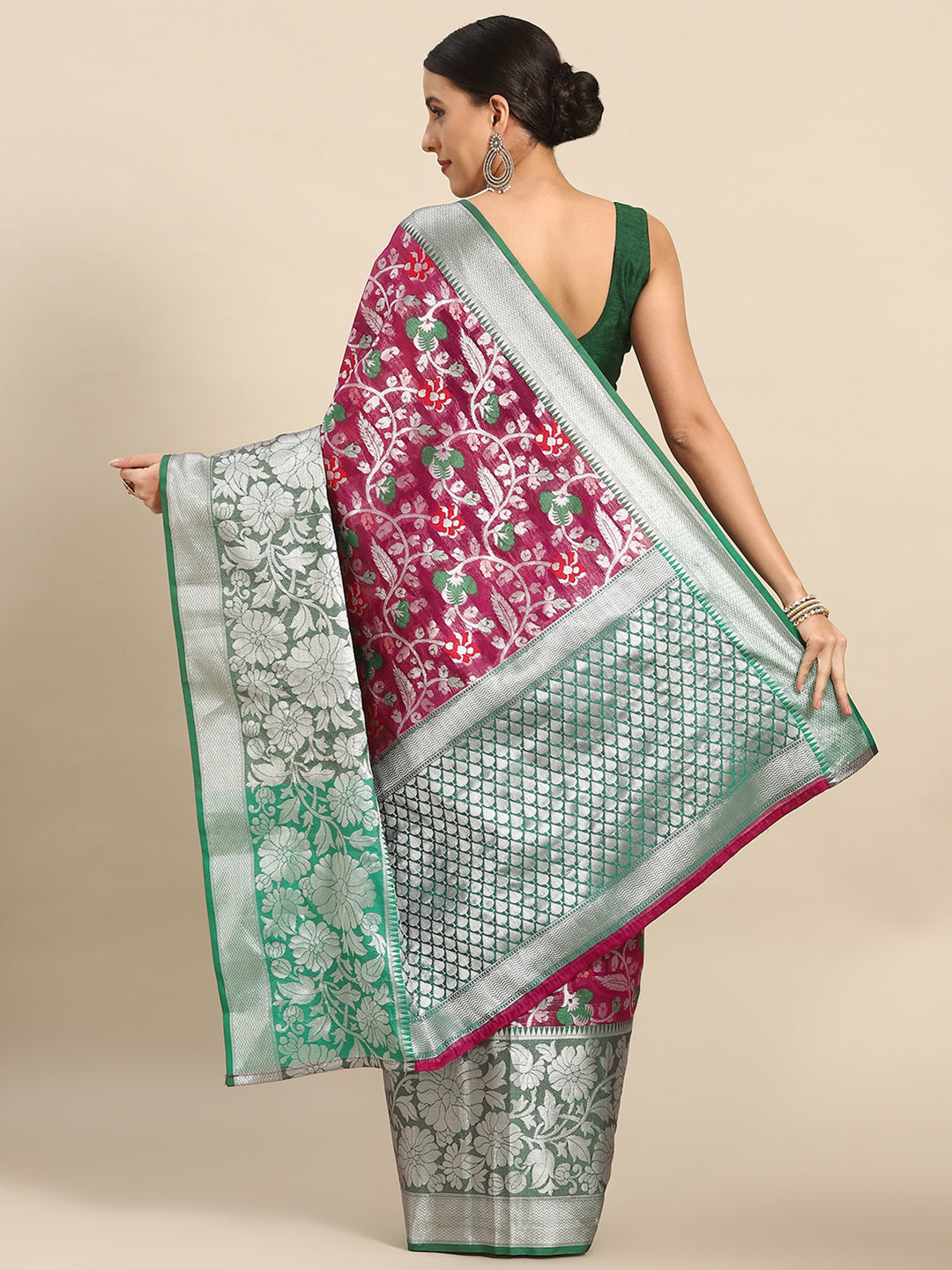 Magenta Brocade Woven Zari Floral Saree with Blouse Piece