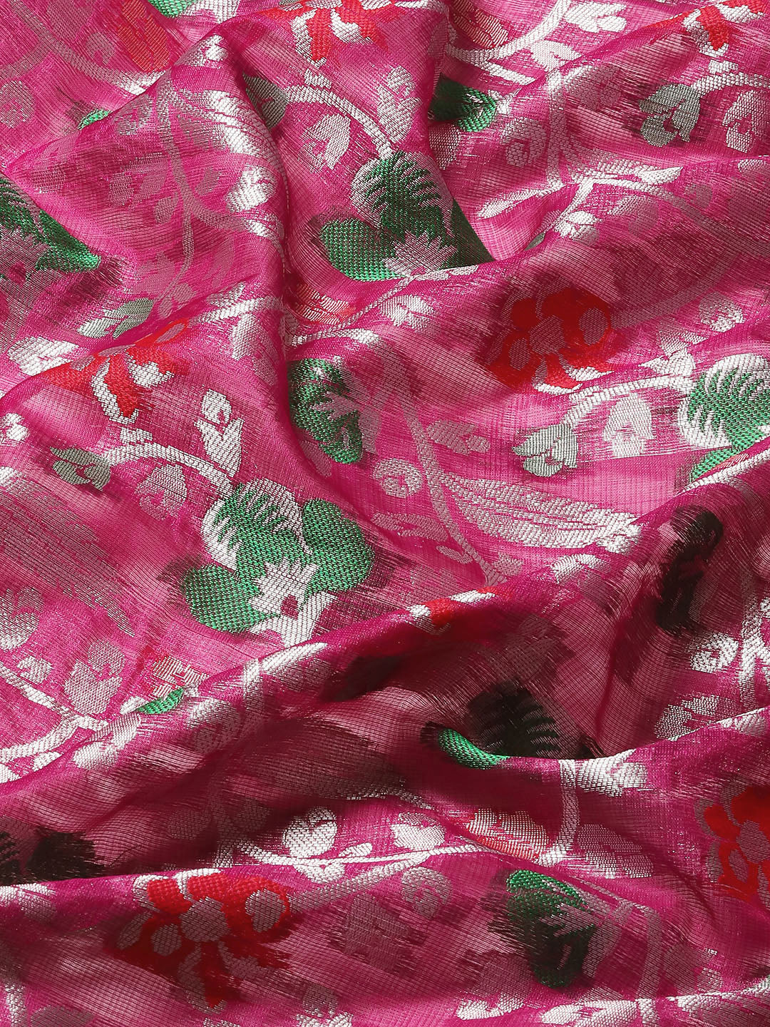 Magenta Brocade Woven Zari Floral Saree with Blouse Piece