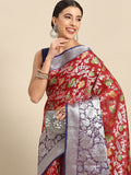 Rich red brocade saree featuring intricate gold woven zari floral motifs and matching blouse piece.
